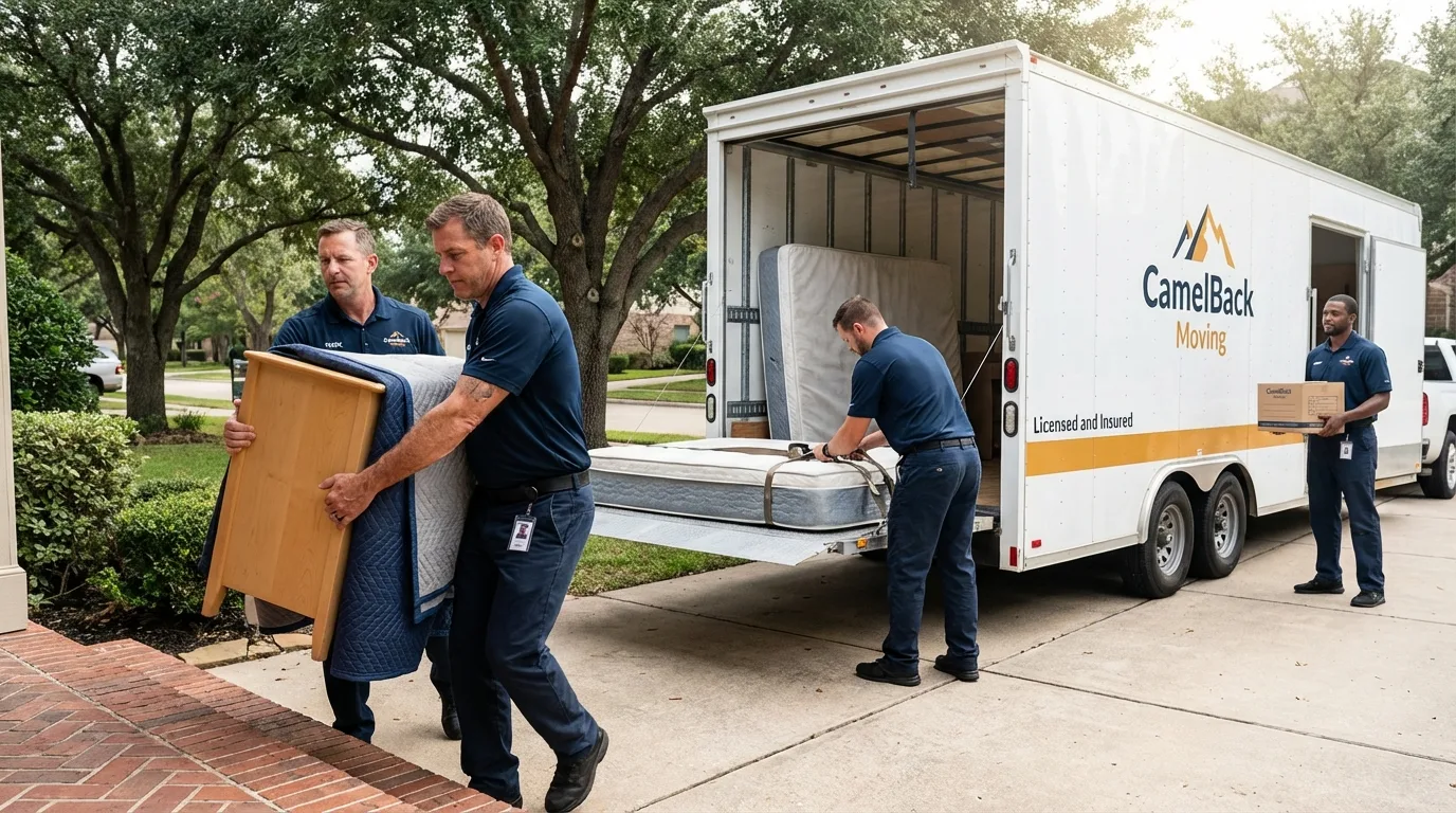 Crew loading residential truck for cross-state move from Carthage, TX