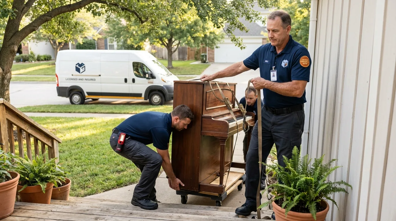 Licensed piano movers securing grand piano in Carthage, TX