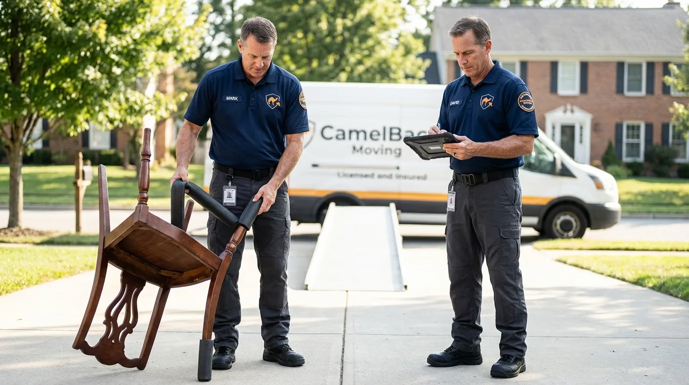 Movers inspecting furniture for damage prevention before loading in Carthage, TX
