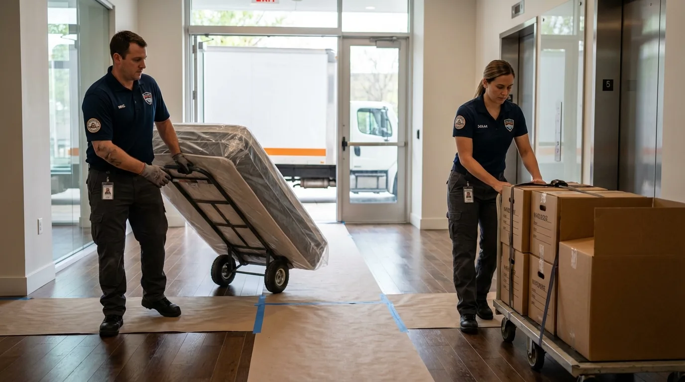 Professional apartment movers loading elevator in Carthage, TX
