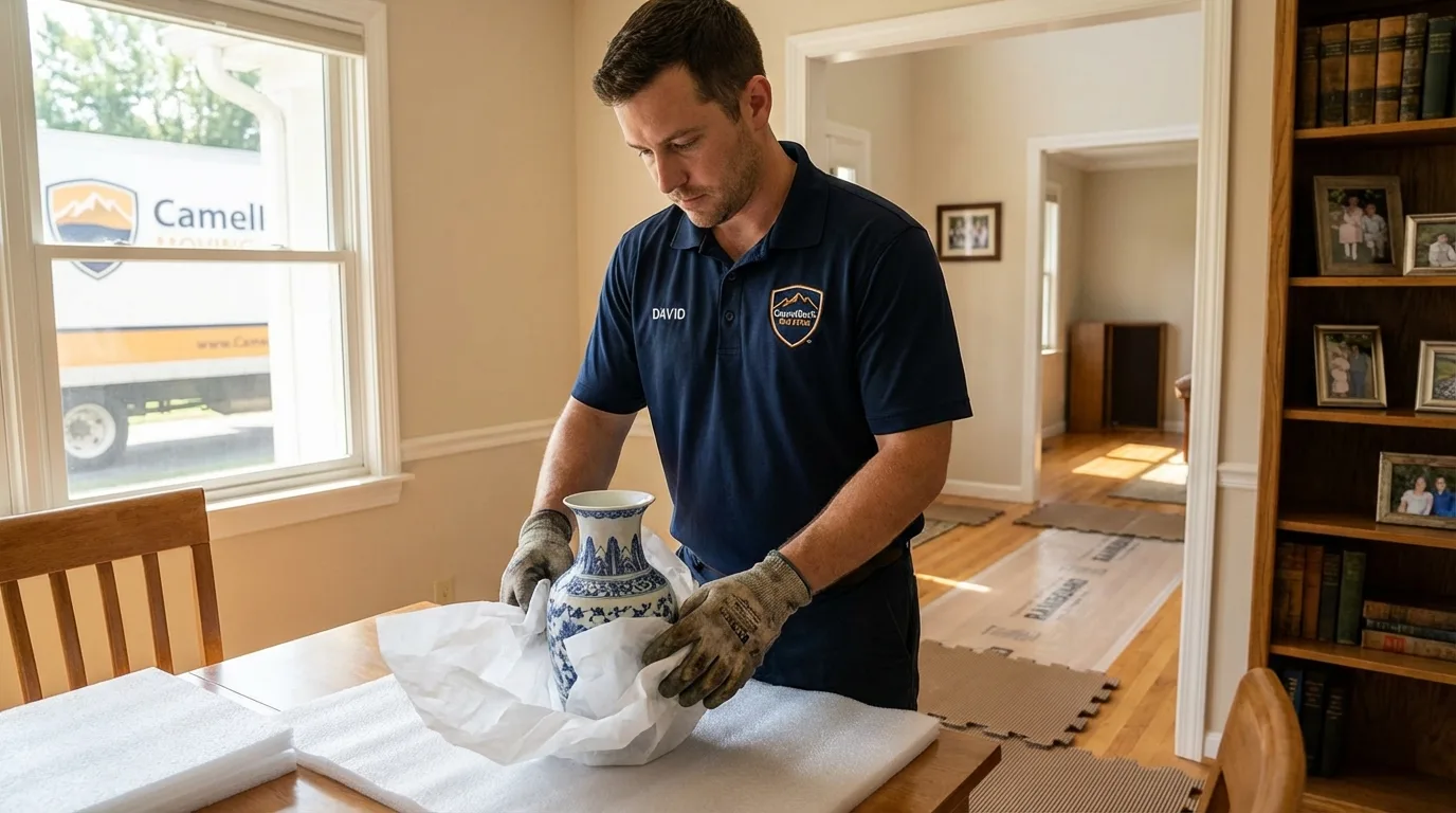 Professional crew carefully wrapping antique vase for senior downsizing move in Carthage, TX
